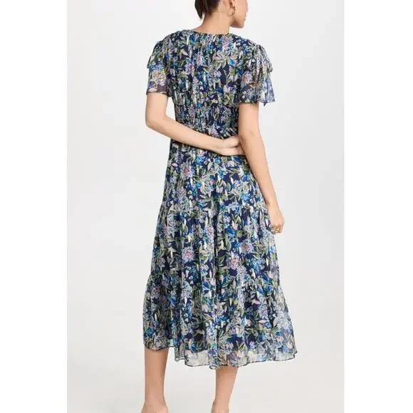 SHOSHANNA Midnight Lenora Midi Dress Navy Silver Multi Floral Smocked Tuckernuck - Picture 8 of 8
